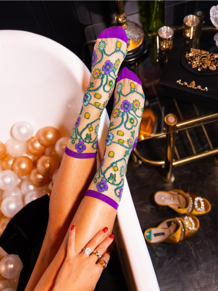 Chaussette transparente a paillettes violette avec fleurs