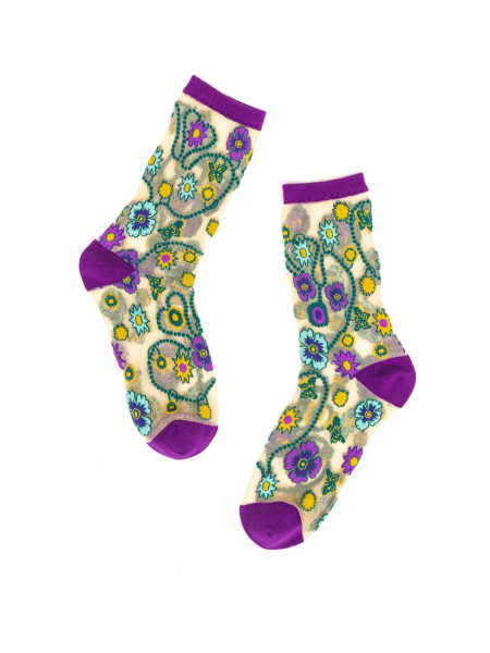 Chaussette transparente a paillettes violette avec fleurs