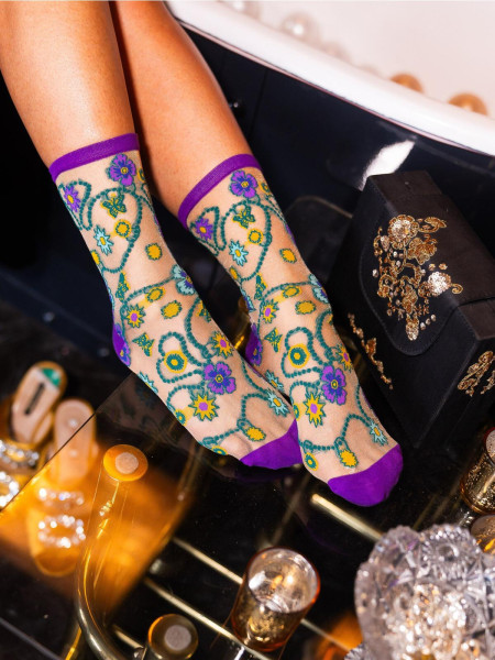Chaussette transparente a paillettes violette avec fleurs