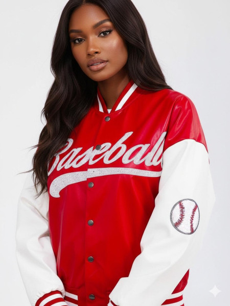 Blouson universitaire en similicuir rouge