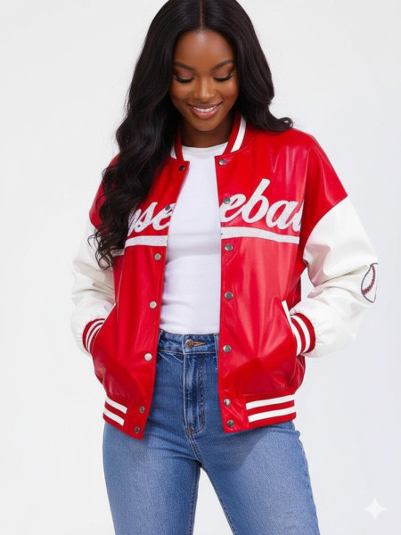 Blouson universitaire en similicuir rouge