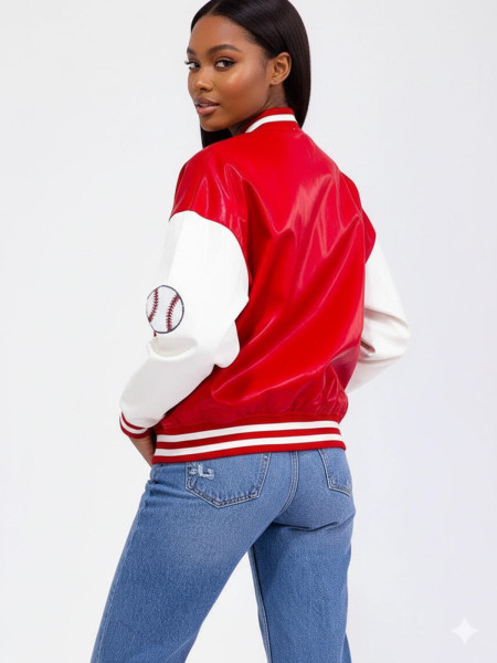 Blouson universitaire en similicuir rouge