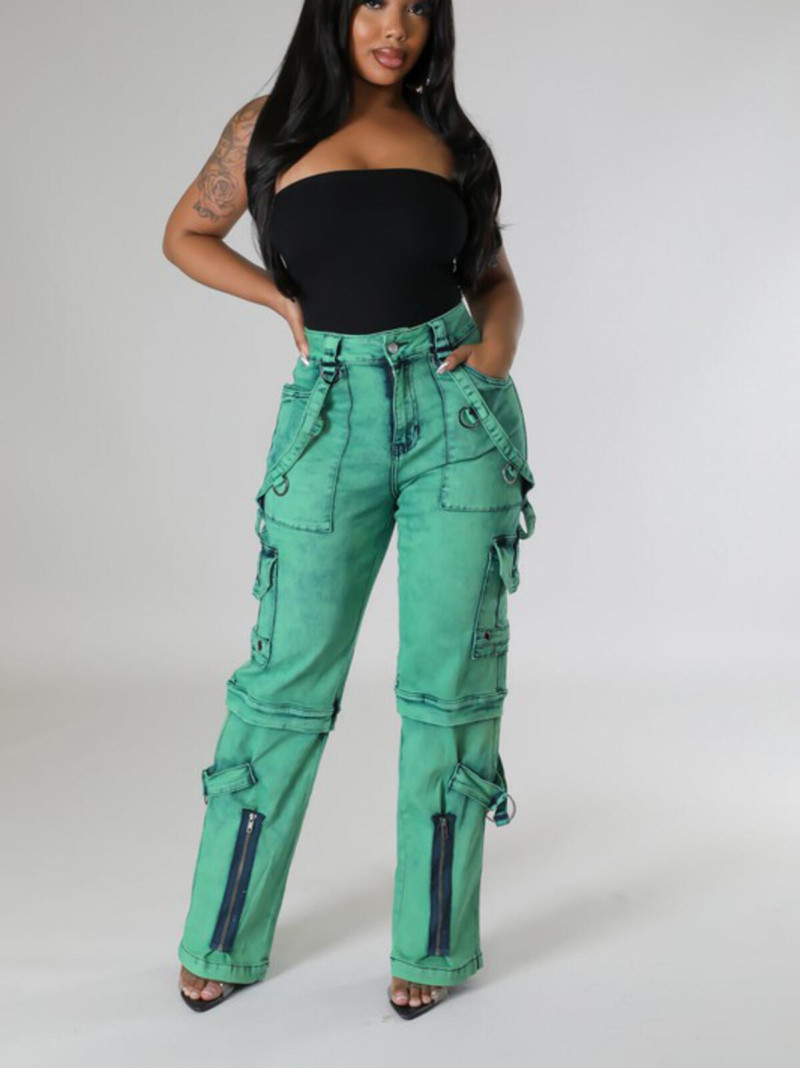 Jean cargo en denim vert