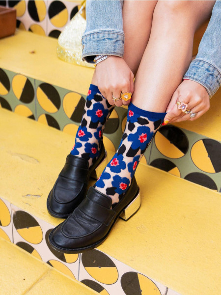 Chaussettes transparentes à motif floral bleu vif