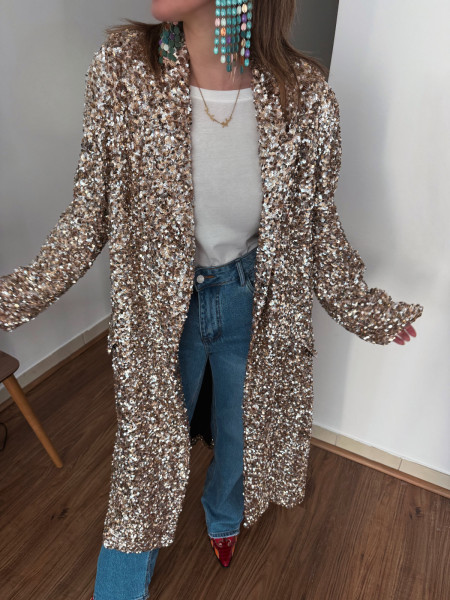 Manteau long tout en sequin doré