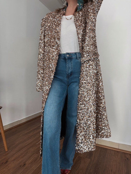 Manteau long tout en sequin doré