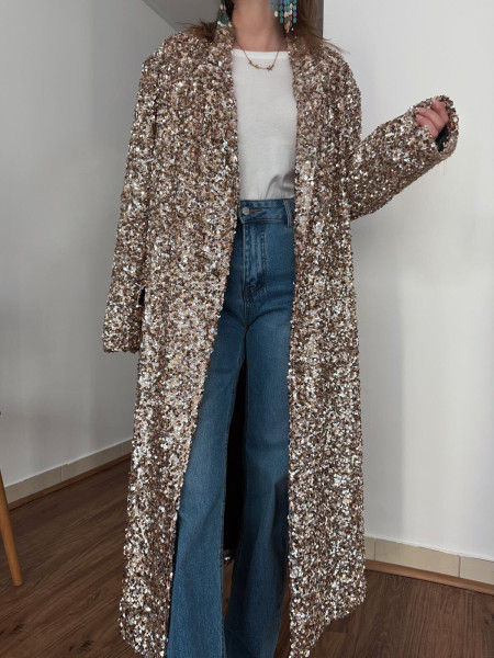 Manteau long tout en sequin doré