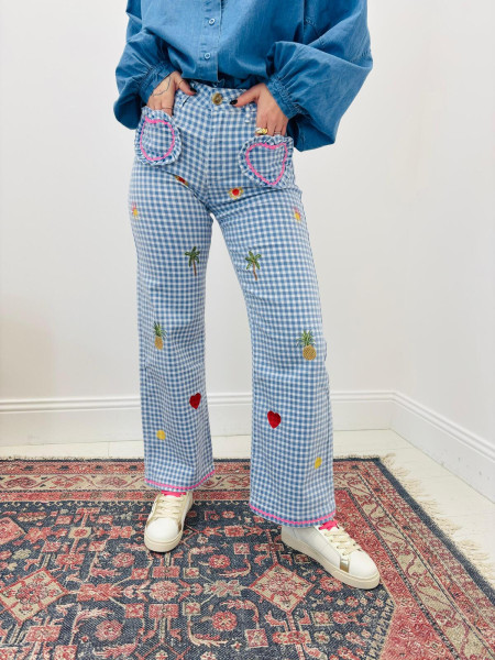 Pantalon vichy broderie