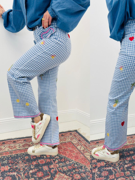 Pantalon vichy broderie