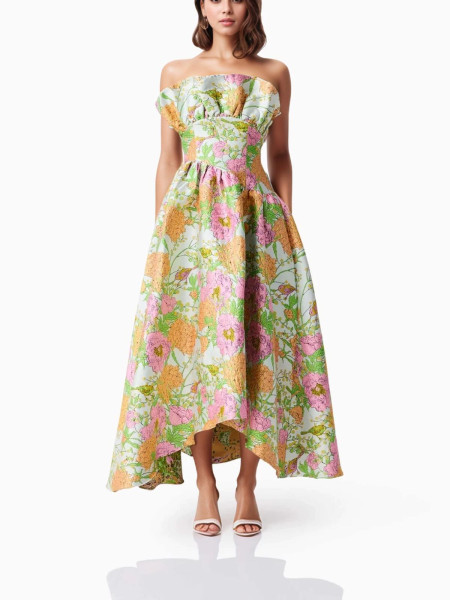 Robe Bustier Jacquard à Motifs Floraux