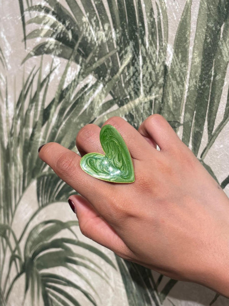 Bague Grand Cœur Email Vert Marbré