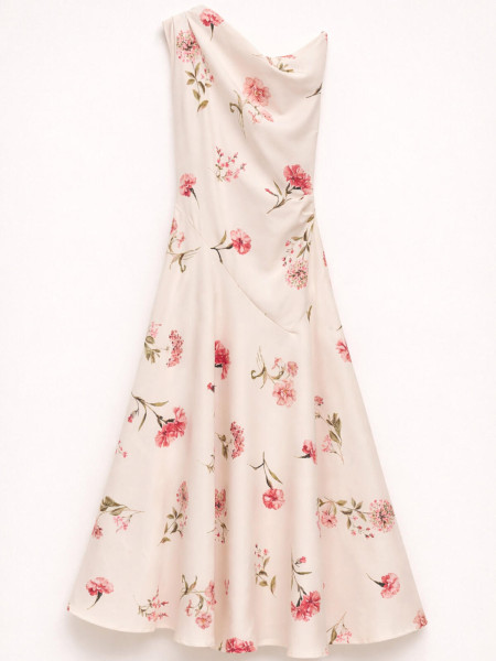 Robe Longue Satinée à Imprimé Floral Rose