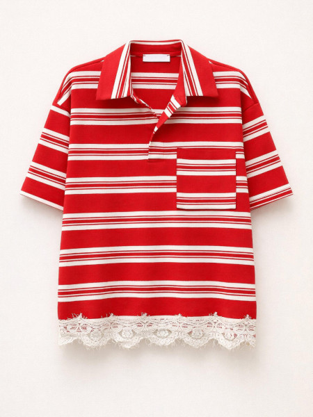 Polo Rayé Chocolat avec Bordure Dentelle