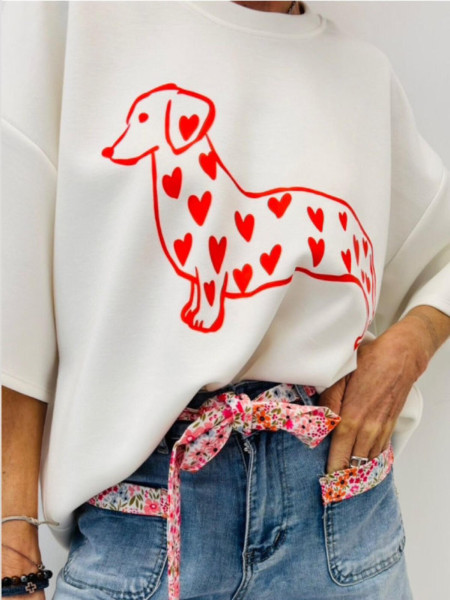 Sweat Gris Chien Coeur Rose