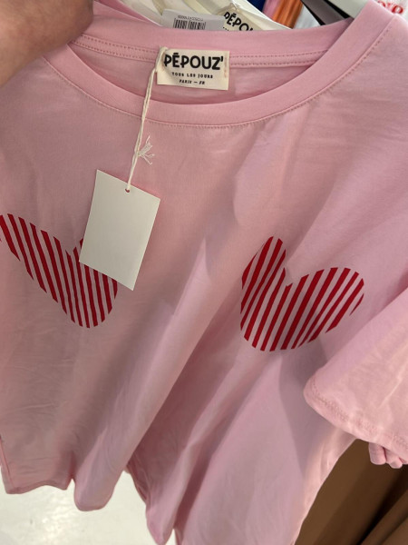 T-shirt Rose Coeurs Rayés Rouges PÉPOUZ'