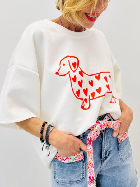 Sweat Gris Chien Coeur Rose