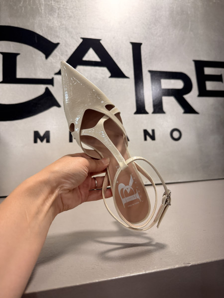 Mules à Talon en Lin Beige et Bride Dorée