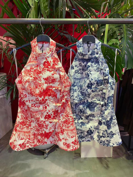 Top Sans Manches Col Halter Imprimé Toile de Jouy