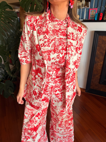 Veste Blazer Manches Courtes Imprimé Toile de Jouy