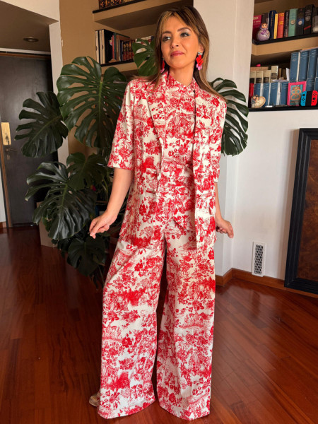 Veste Blazer Manches Courtes Imprimé Toile de Jouy