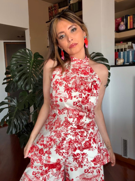 Top Sans Manches Col Halter Imprimé Toile de Jouy