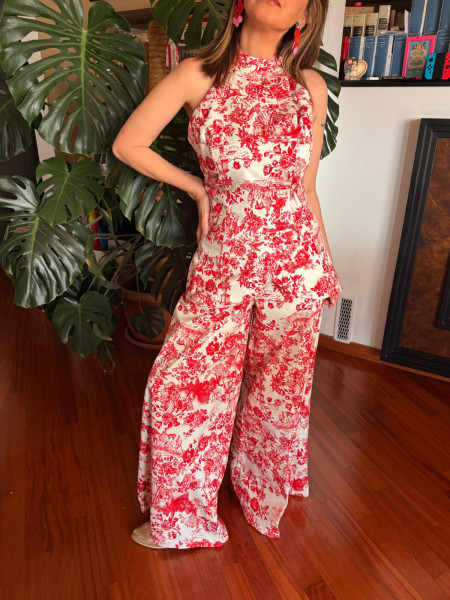 Top Sans Manches Col Halter Imprimé Toile de Jouy