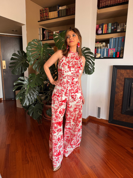 Pantalon Palazzo Imprimé Toile de Jouy Bleu