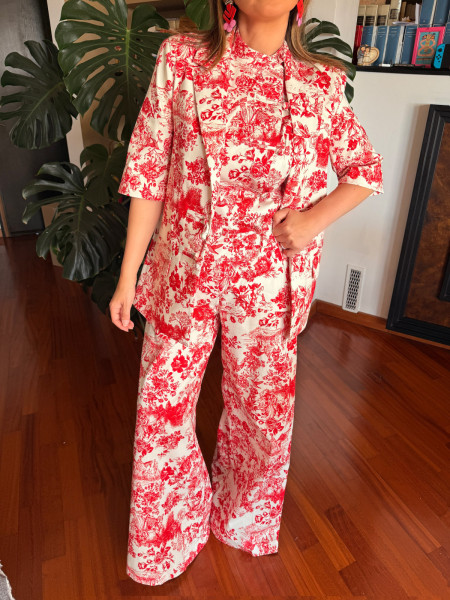 Pantalon Palazzo Imprimé Toile de Jouy Bleu