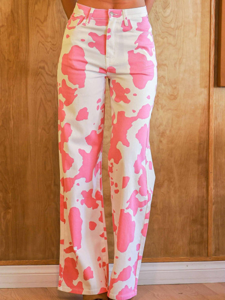 Jean Mum Fit Imprimé Vache Rose