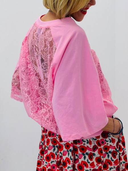 T-shirt Rose avec Détails Dentelle