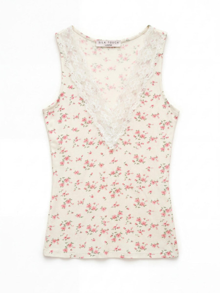 Top Imprimé Floral à Bretelles Larges et Dentelle