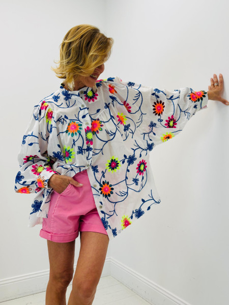 Chemise Oversize à Broderies Florales Pop