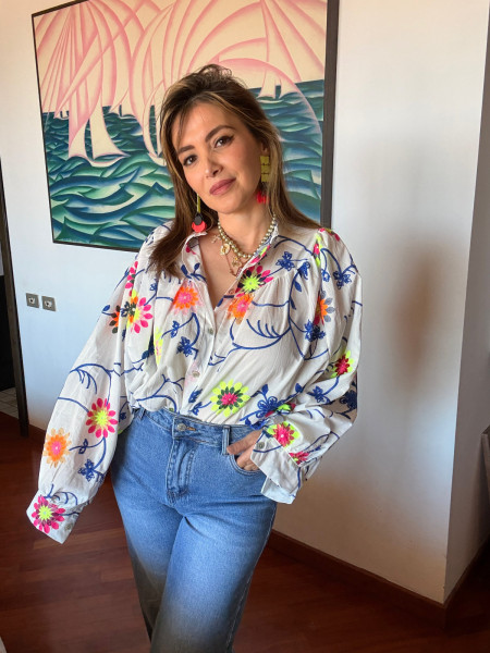 Chemise Oversize à Broderies Florales Pop