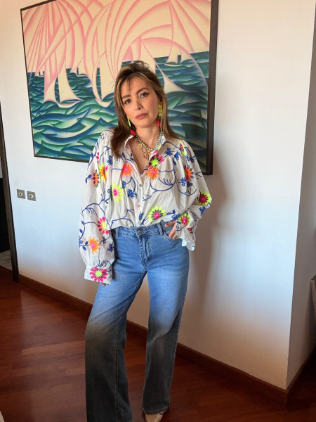 Chemise Oversize à Broderies Florales Pop
