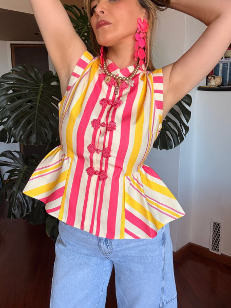 Blouse Rayée Cecilia Col Mao