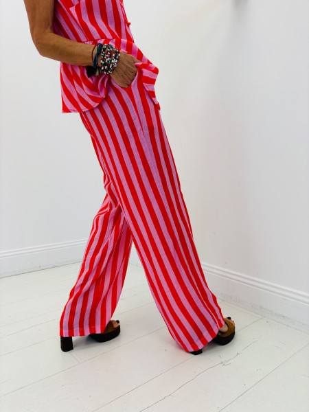 Pantalon Fluide à Rayures Rose et Rouge