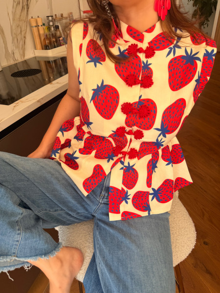 Blouse Péplum Col Mao Imprimé Fraises
