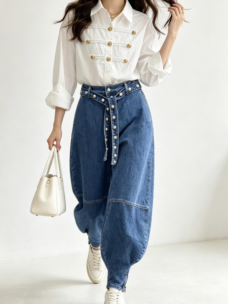 Jean Barrel à Clous Métalliques et Ceinturé