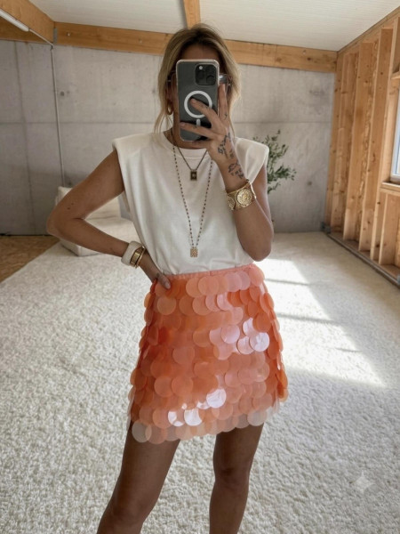 Jupe Courte Corail à Grands Sequins