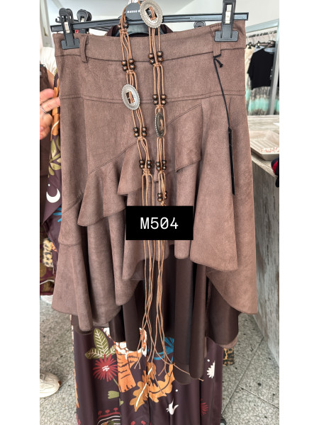 Jupe longue asymétrique marron effet suédine à volants