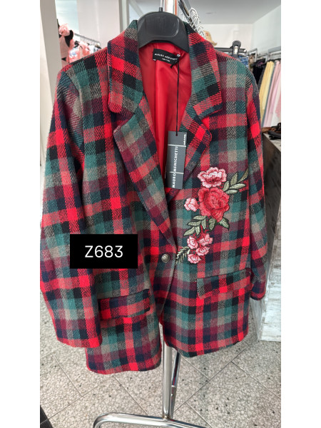 Veste blazer motif tartan et broderie florale