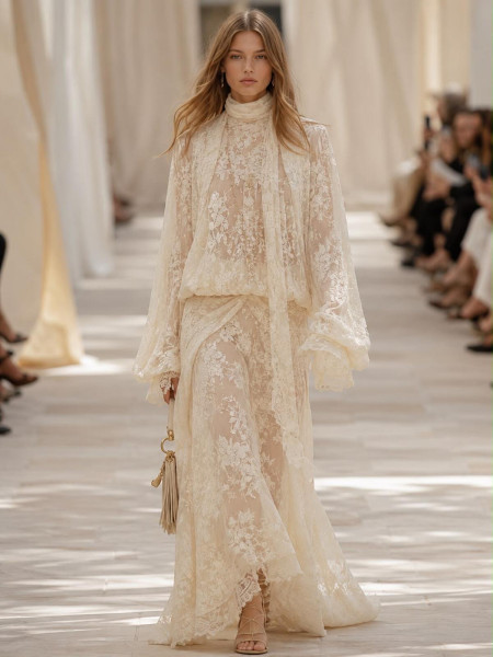 Robe longue en dentelle ivoire style bohème chic