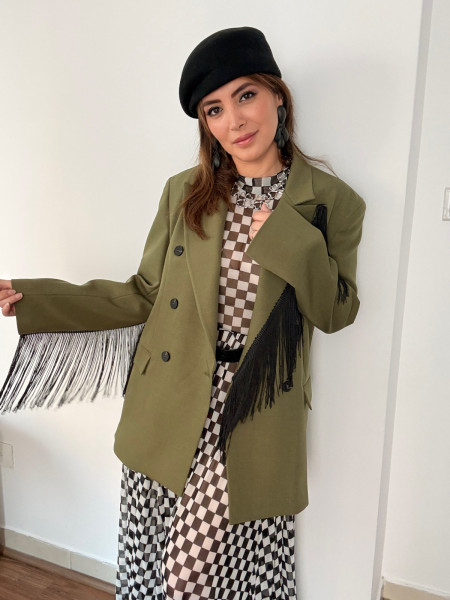 Blazer Croisé à Franges Col Revers - Kaki