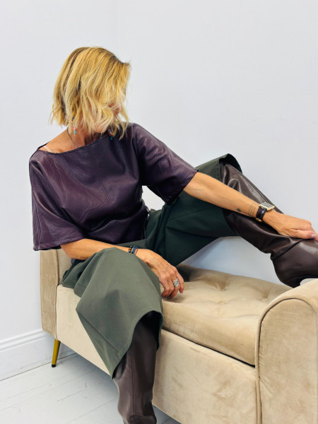 Top Ample en Similicuir Violet Prune à Manches Kimono