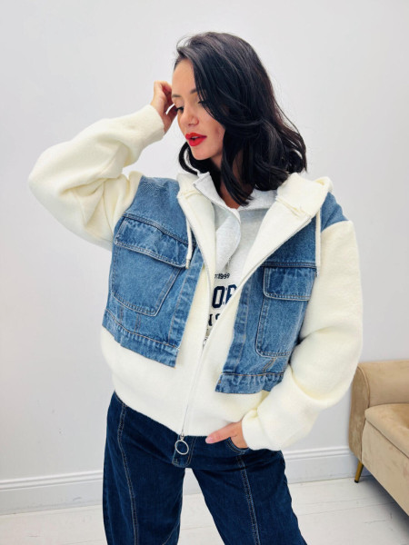 Pull Veste Zippé à Capuche Écru & Empiècements Denim