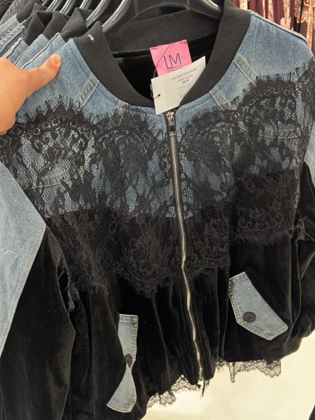 Veste Bomber Hybride en Denim, Velours Noir & Dentelle Cils