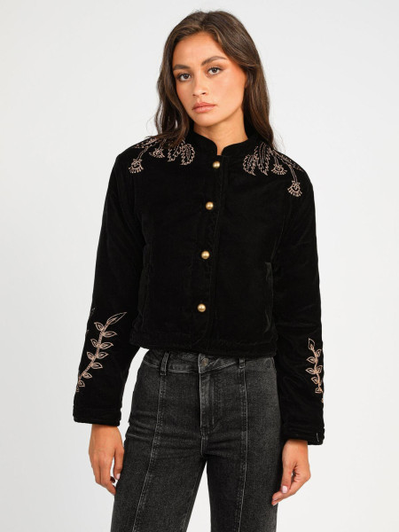Veste Courte en Velours Noir & Broderies Dorées Botaniques