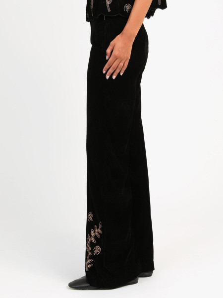 Pantalon Fluid Large en Velours Noir & Broderies Dorées