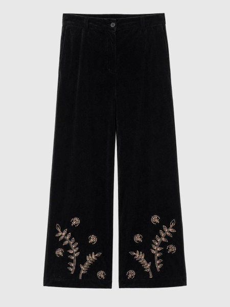 Pantalon Fluid Large en Velours Noir & Broderies Dorées