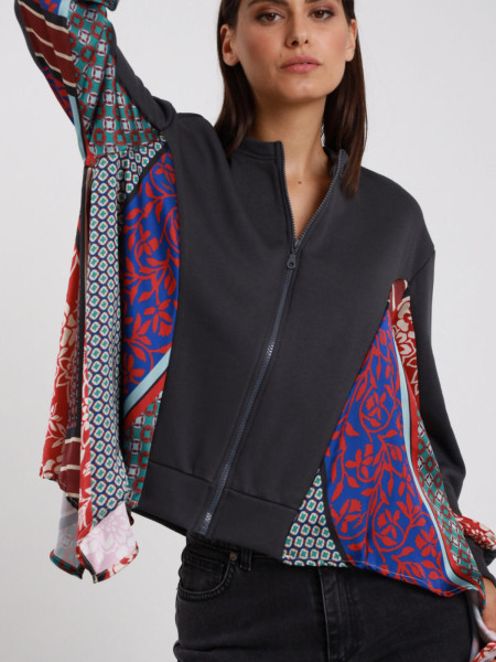 Veste Sweat Zippé Anthracite & Empiècements Foulard Patchwork